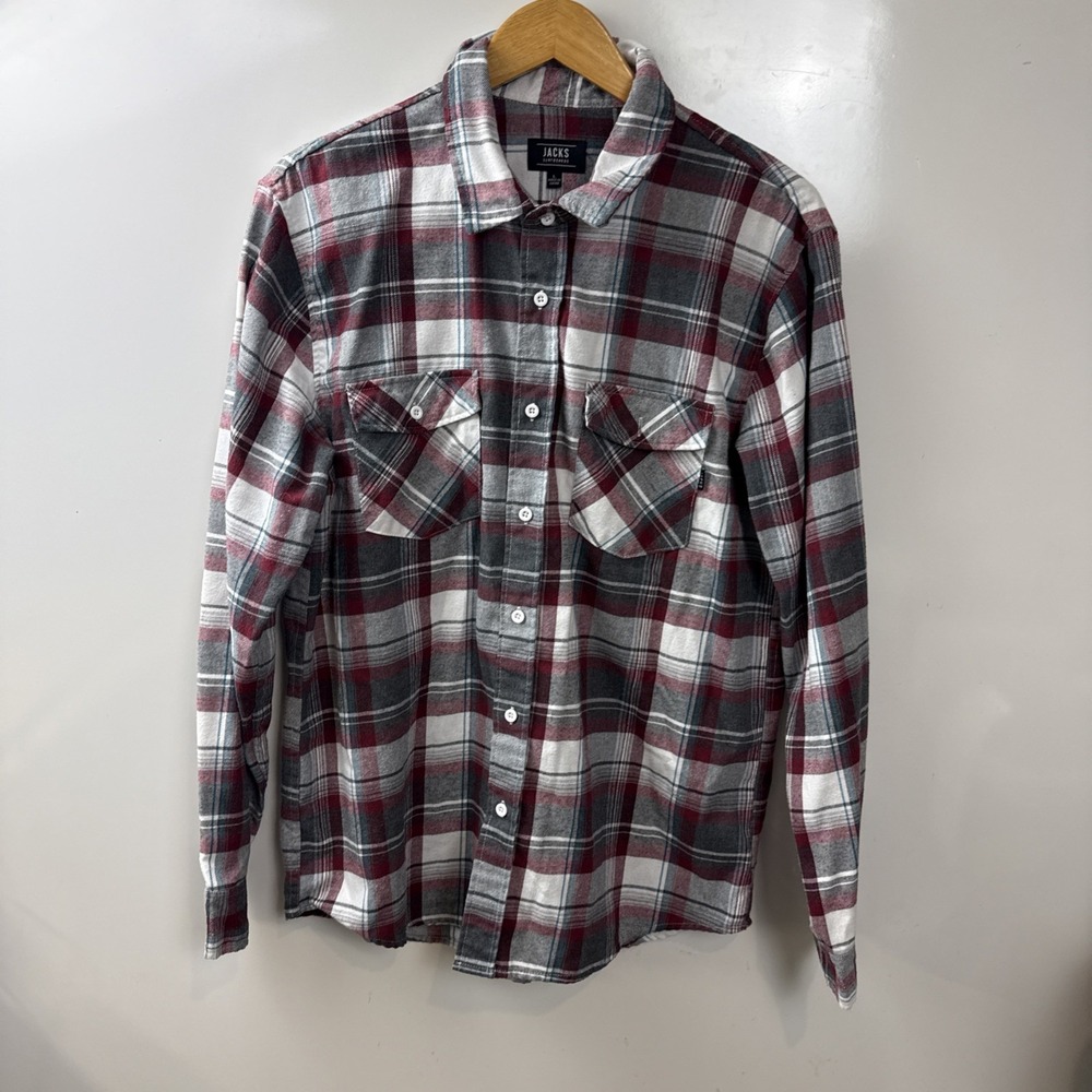 JACKS SURFBOARDS Red Plaid Flannel Button Up Shirt Mens L  Surf Skater Grunge
